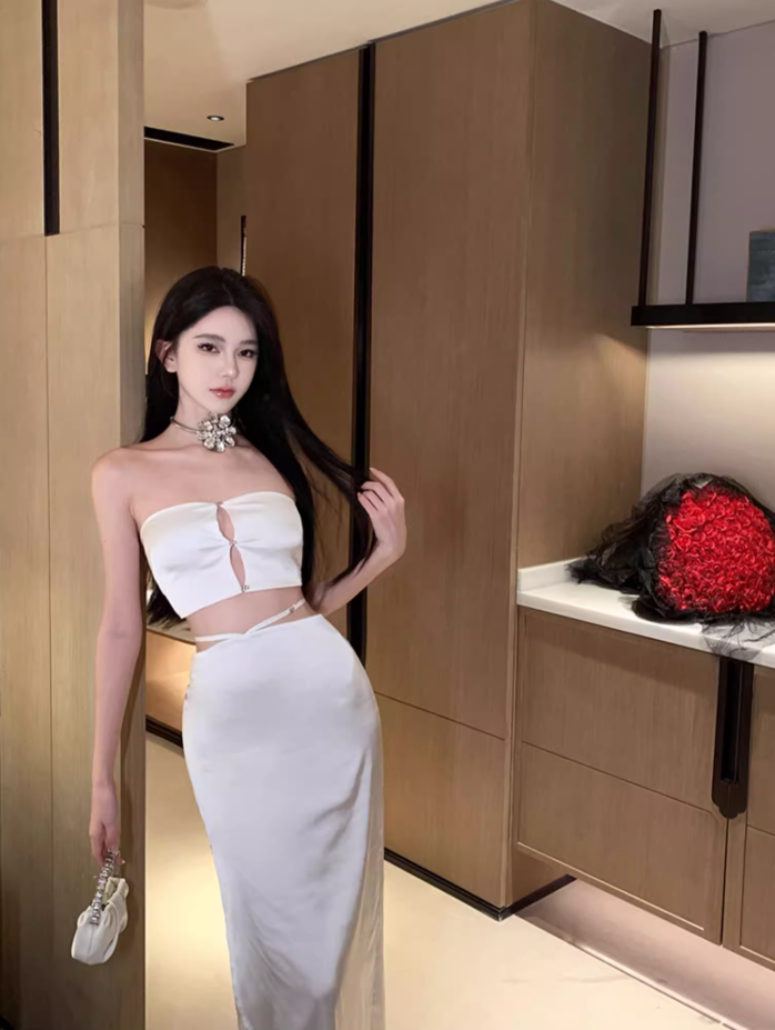 Modern 2-Piece Set Sheath Maxi Dresses Chic High-Slit Cutout Strapless Long Dress AP3555