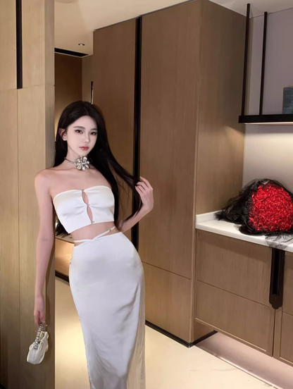 Modern 2-Piece Set Sheath Maxi Dresses Chic High-Slit Cutout Strapless Long Dress AP3555