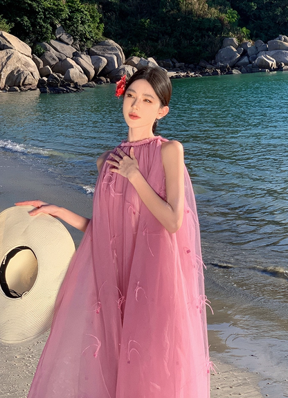 Vogue Pink Tulle A-Line Maxi Dresses Cute Jewel Neck Feather Trim Sleeveless Long Dress AP3556