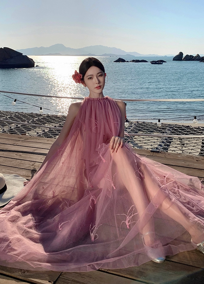 Vogue Pink Tulle A-Line Maxi Dresses Cute Jewel Neck Feather Trim Sleeveless Long Dress AP3556