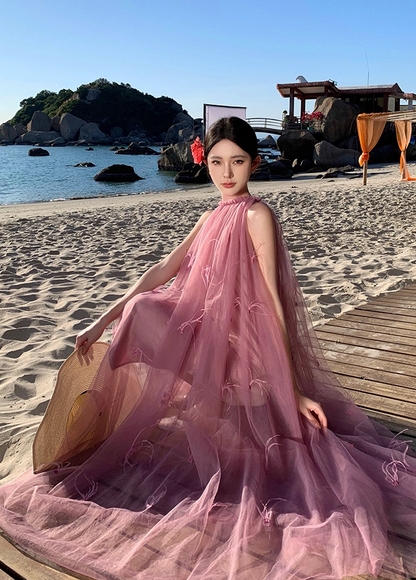 Vogue Pink Tulle A-Line Maxi Dresses Cute Jewel Neck Feather Trim Sleeveless Long Dress AP3556