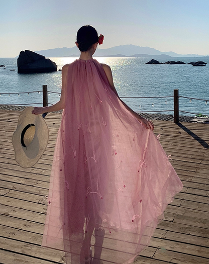 Vogue Pink Tulle A-Line Maxi Dresses Cute Jewel Neck Feather Trim Sleeveless Long Dress AP3556