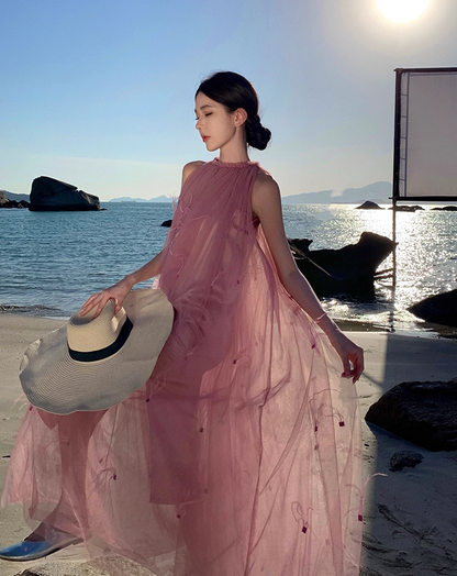 Vogue Pink Tulle A-Line Maxi Dresses Cute Jewel Neck Feather Trim Sleeveless Long Dress AP3556