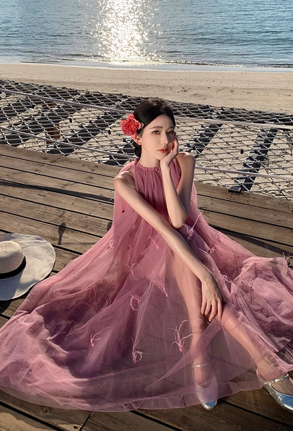 Vogue Pink Tulle A-Line Maxi Dresses Cute Jewel Neck Feather Trim Sleeveless Long Dress AP3556