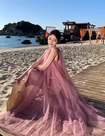 Vogue Pink Tulle A-Line Maxi Dresses Cute Jewel Neck Feather Trim Sleeveless Long Dress AP3556