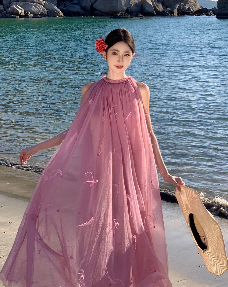 Vogue Pink Tulle A-Line Maxi Dresses Cute Jewel Neck Feather Trim Sleeveless Long Dress AP3556