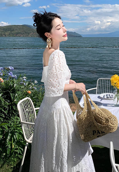 Sexy A-Line White Cutouts Maxi Dresses Vogue Square Neck Short Sleeve Long Dress AP3557