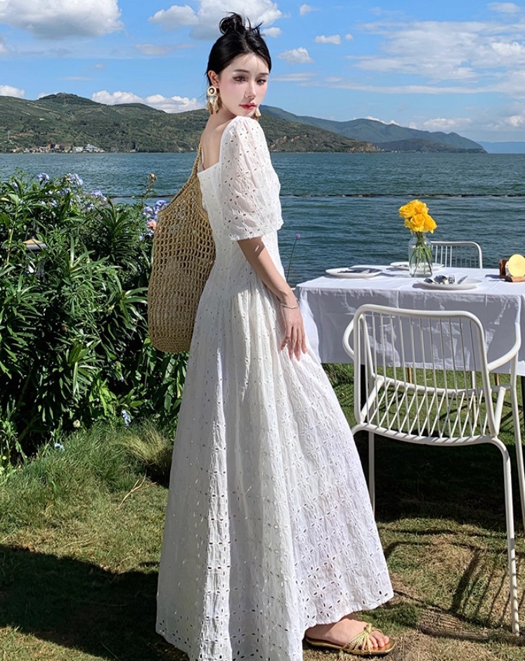 Sexy A-Line White Cutouts Maxi Dresses Vogue Square Neck Short Sleeve Long Dress AP3557