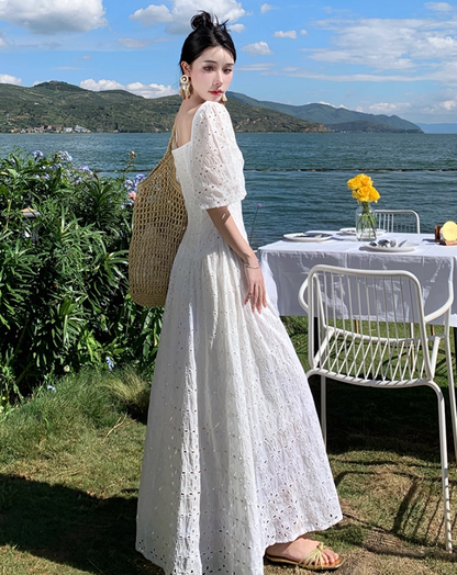 Sexy A-Line White Cutouts Maxi Dresses Vogue Square Neck Short Sleeve Long Dress AP3557