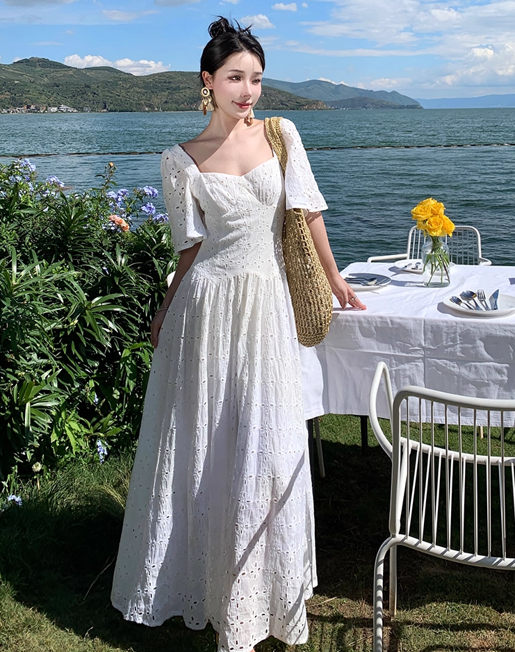 Sexy A-Line White Cutouts Maxi Dresses Vogue Square Neck Short Sleeve Long Dress AP3557