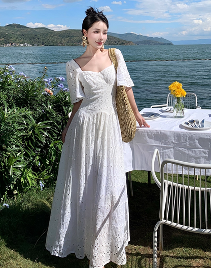 Sexy A-Line White Cutouts Maxi Dresses Vogue Square Neck Short Sleeve Long Dress AP3557