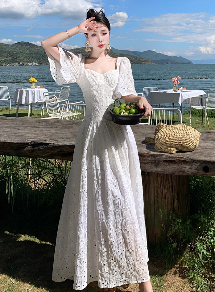 Sexy A-Line White Cutouts Maxi Dresses Vogue Square Neck Short Sleeve Long Dress AP3557