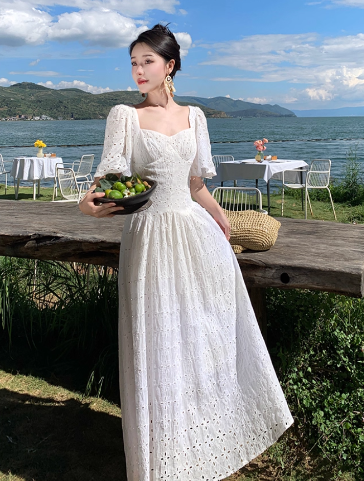 Sexy A-Line White Cutouts Maxi Dresses Vogue Square Neck Short Sleeve Long Dress AP3557