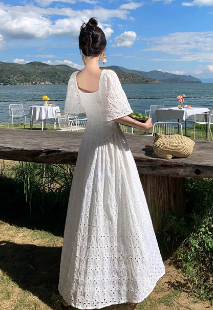 Sexy A-Line White Cutouts Maxi Dresses Vogue Square Neck Short Sleeve Long Dress AP3557