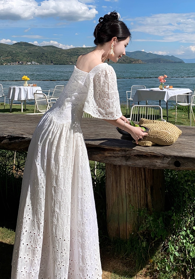 Sexy A-Line White Cutouts Maxi Dresses Vogue Square Neck Short Sleeve Long Dress AP3557