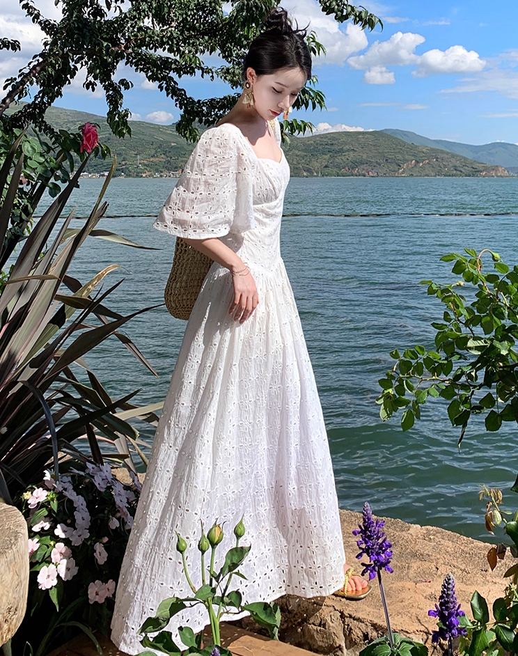 Sexy A-Line White Cutouts Maxi Dresses Vogue Square Neck Short Sleeve Long Dress AP3557