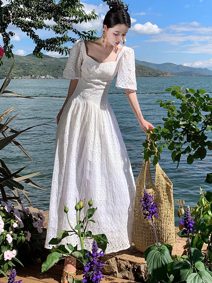 Sexy A-Line White Cutouts Maxi Dresses Vogue Square Neck Short Sleeve Long Dress AP3557