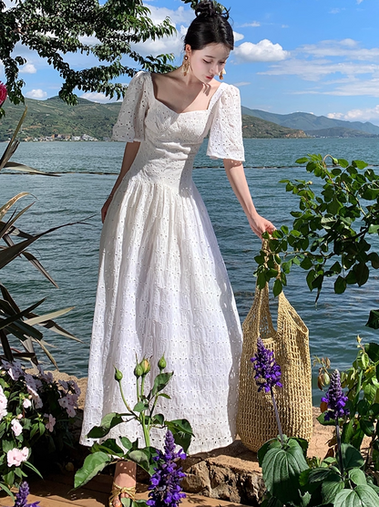 Sexy A-Line White Cutouts Maxi Dresses Vogue Square Neck Short Sleeve Long Dress AP3557