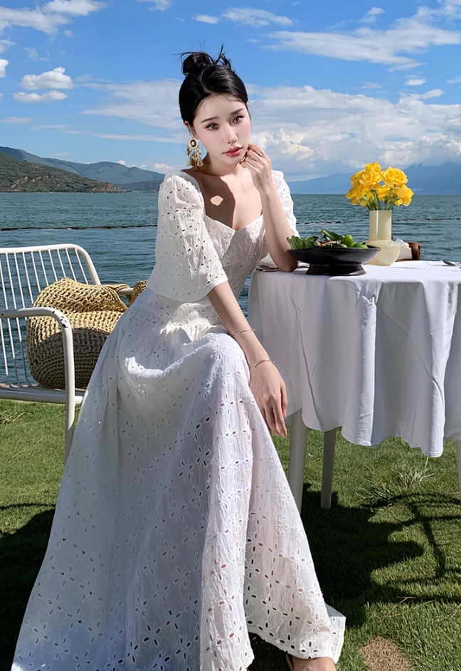 Sexy A-Line White Cutouts Maxi Dresses Vogue Square Neck Short Sleeve Long Dress AP3557