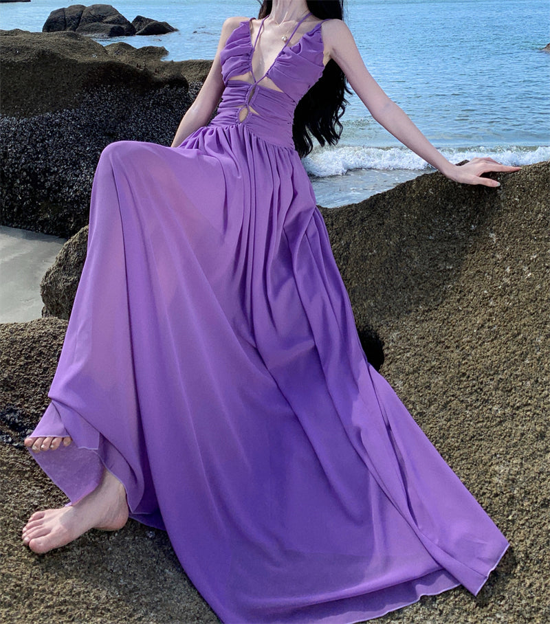 Attractive Spaghetti Straps Cutout Purple Maxi Dress Charming Ruched A-Line Cinched-Waist Long Dress AP3558