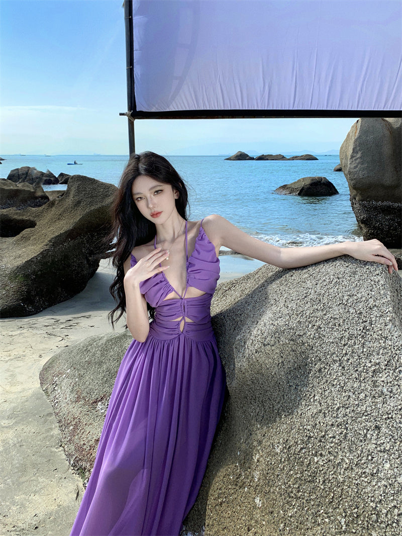 Attractive Spaghetti Straps Cutout Purple Maxi Dress Charming Ruched A-Line Cinched-Waist Long Dress AP3558