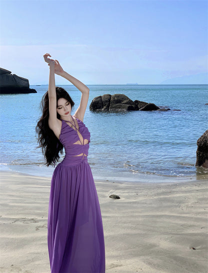 Attractive Spaghetti Straps Cutout Purple Maxi Dress Charming Ruched A-Line Cinched-Waist Long Dress AP3558