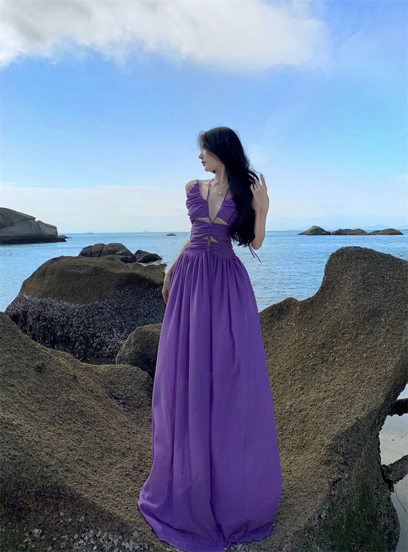 Attractive Spaghetti Straps Cutout Purple Maxi Dress Charming Ruched A-Line Cinched-Waist Long Dress AP3558