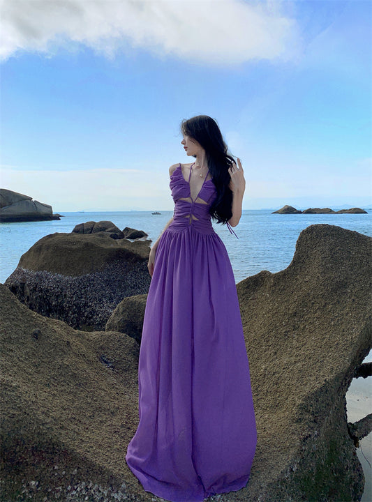 Attractive Spaghetti Straps Cutout Purple Maxi Dress Charming Ruched A-Line Cinched-Waist Long Dress AP3558