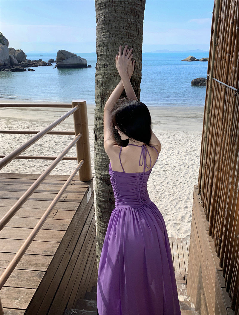 Attractive Spaghetti Straps Cutout Purple Maxi Dress Charming Ruched A-Line Cinched-Waist Long Dress AP3558