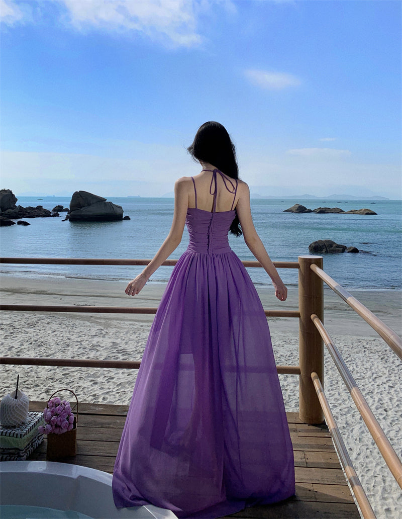 Attractive Spaghetti Straps Cutout Purple Maxi Dress Charming Ruched A-Line Cinched-Waist Long Dress AP3558