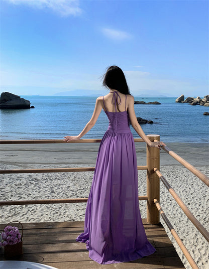 Attractive Spaghetti Straps Cutout Purple Maxi Dress Charming Ruched A-Line Cinched-Waist Long Dress AP3558