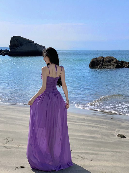 Attractive Spaghetti Straps Cutout Purple Maxi Dress Charming Ruched A-Line Cinched-Waist Long Dress AP3558