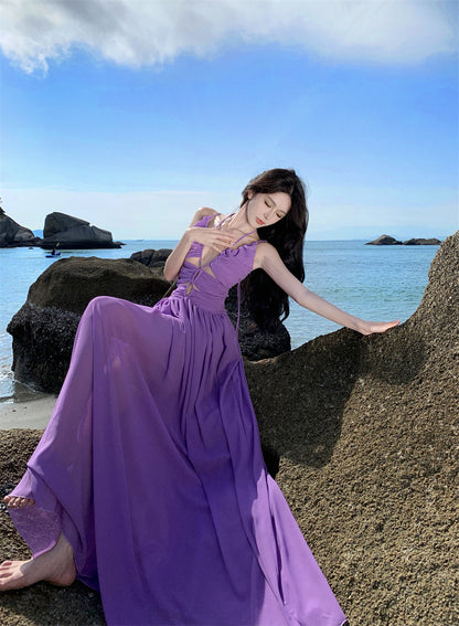 Attractive Spaghetti Straps Cutout Purple Maxi Dress Charming Ruched A-Line Cinched-Waist Long Dress AP3558