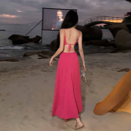 Trendy Spaghetti Straps Draped Neckline Backless Maxi Dress Y2K Style Hot Pink Sheath High-Slit Long Dress AP3559