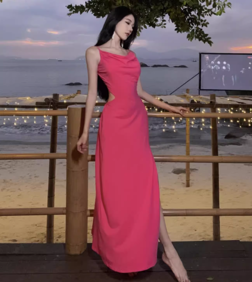 Trendy Spaghetti Straps Draped Neckline Backless Maxi Dress Y2K Style Hot Pink Sheath High-Slit Long Dress AP3559