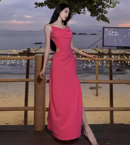 Trendy Spaghetti Straps Draped Neckline Backless Maxi Dress Y2K Style Hot Pink Sheath High-Slit Long Dress AP3559
