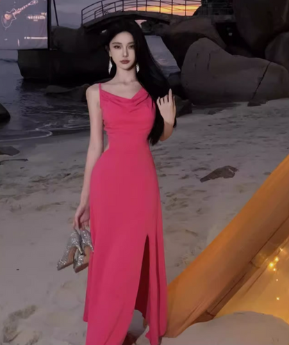 Trendy Spaghetti Straps Draped Neckline Backless Maxi Dress Y2K Style Hot Pink Sheath High-Slit Long Dress AP3559