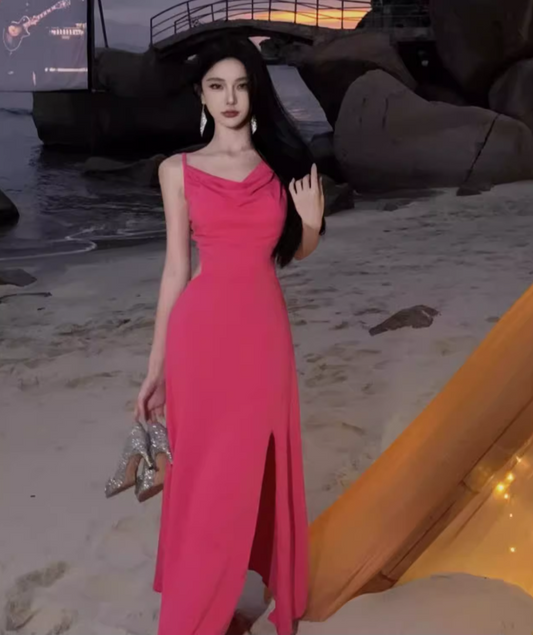 Trendy Spaghetti Straps Draped Neckline Backless Maxi Dress Y2K Style Hot Pink Sheath High-Slit Long Dress AP3559