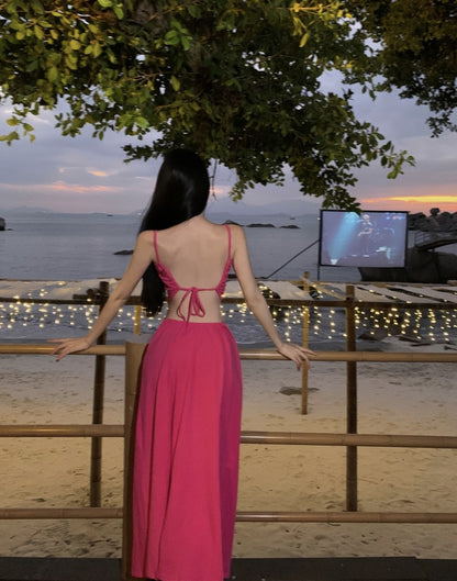 Trendy Spaghetti Straps Draped Neckline Backless Maxi Dress Y2K Style Hot Pink Sheath High-Slit Long Dress AP3559