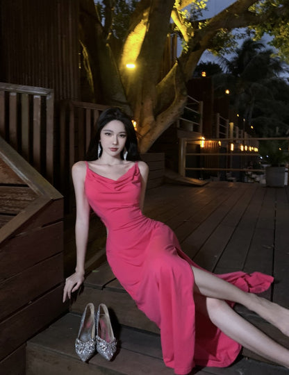 Trendy Spaghetti Straps Draped Neckline Backless Maxi Dress Y2K Style Hot Pink Sheath High-Slit Long Dress AP3559
