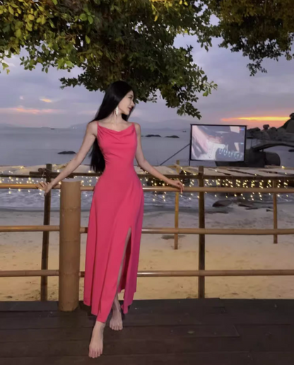 Trendy Spaghetti Straps Draped Neckline Backless Maxi Dress Y2K Style Hot Pink Sheath High-Slit Long Dress AP3559