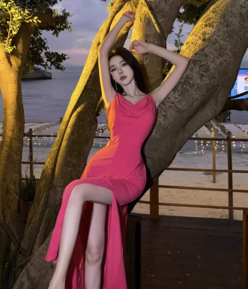 Trendy Spaghetti Straps Draped Neckline Backless Maxi Dress Y2K Style Hot Pink Sheath High-Slit Long Dress AP3559