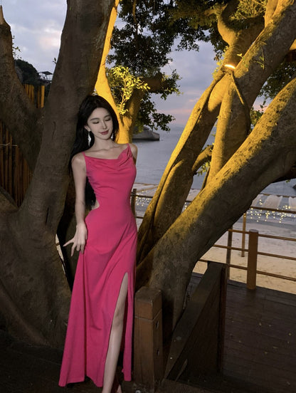 Trendy Spaghetti Straps Draped Neckline Backless Maxi Dress Y2K Style Hot Pink Sheath High-Slit Long Dress AP3559