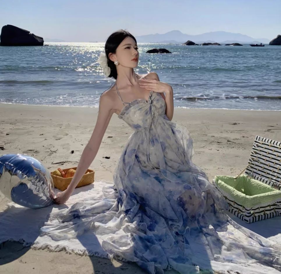 Glittering A-Line Backless Floral Print Maxi Dress Attractive Ruffles Trim Sequin Design Halter Long Dress AP3560