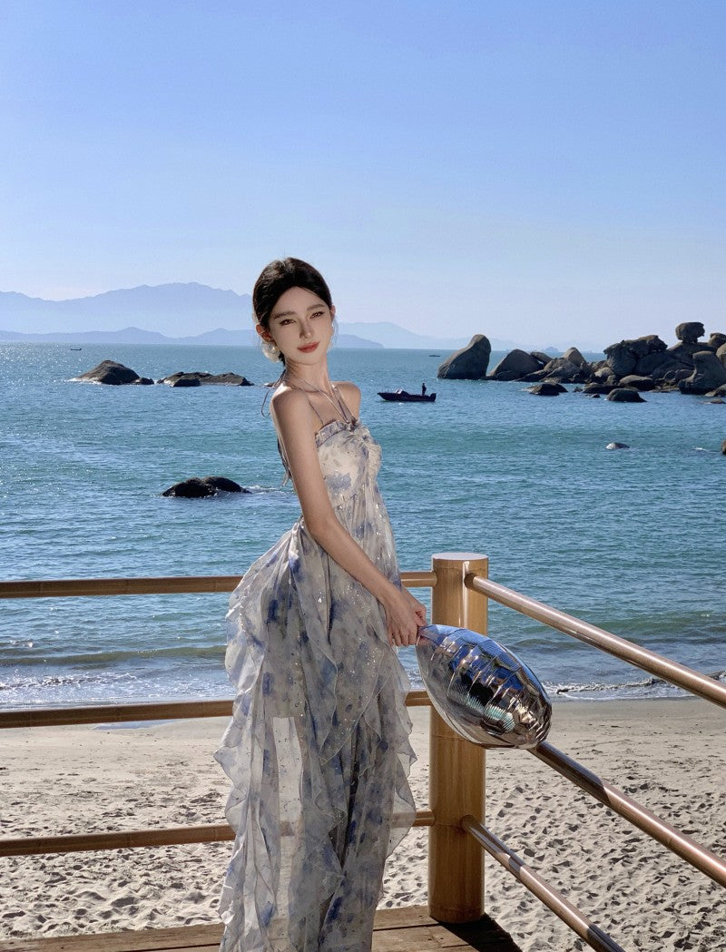 Glittering A-Line Backless Floral Print Maxi Dress Attractive Ruffles Trim Sequin Design Halter Long Dress AP3560