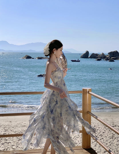 Glittering A-Line Backless Floral Print Maxi Dress Attractive Ruffles Trim Sequin Design Halter Long Dress AP3560