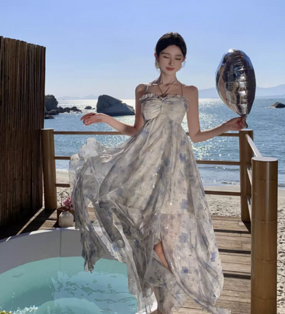 Glittering A-Line Backless Floral Print Maxi Dress Attractive Ruffles Trim Sequin Design Halter Long Dress AP3560