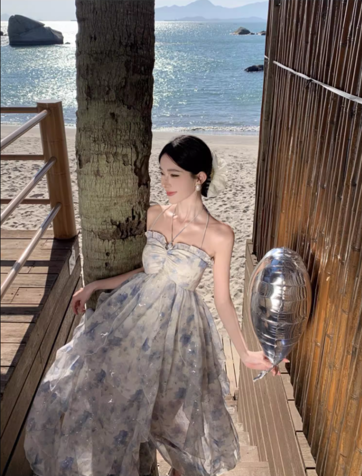 Glittering A-Line Backless Floral Print Maxi Dress Attractive Ruffles Trim Sequin Design Halter Long Dress AP3560