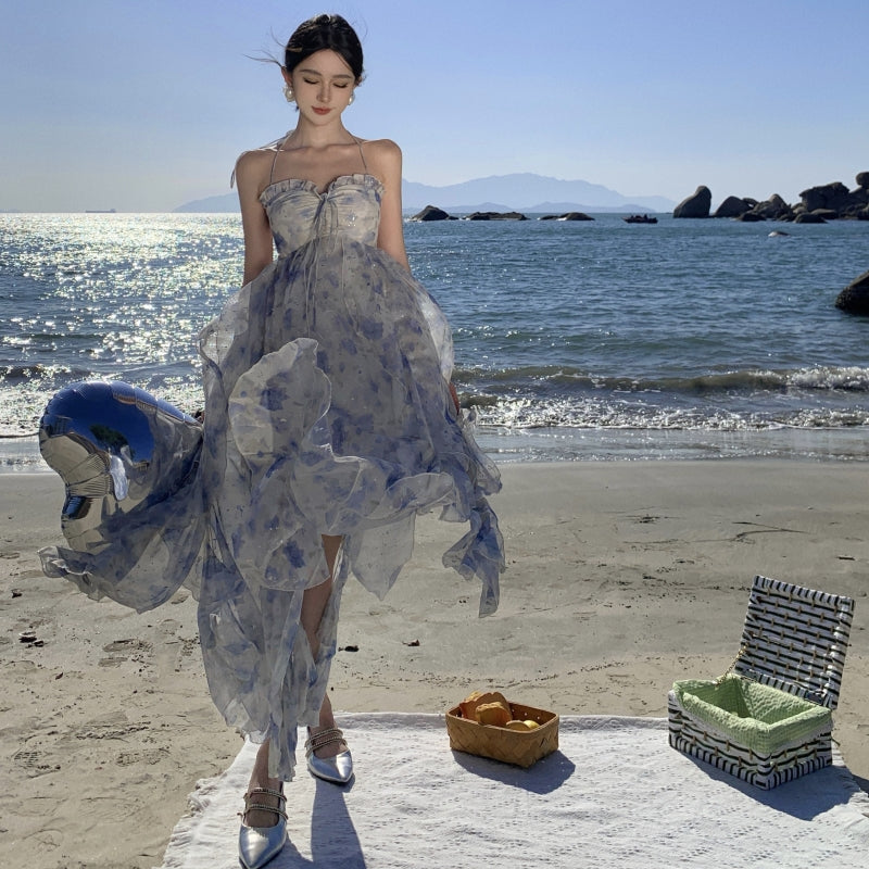 Glittering A-Line Backless Floral Print Maxi Dress Attractive Ruffles Trim Sequin Design Halter Long Dress AP3560