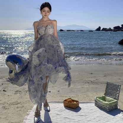 Glittering A-Line Backless Floral Print Maxi Dress Attractive Ruffles Trim Sequin Design Halter Long Dress AP3560